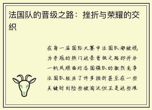 法国队的晋级之路：挫折与荣耀的交织