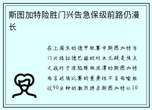 斯图加特险胜门兴告急保级前路仍漫长