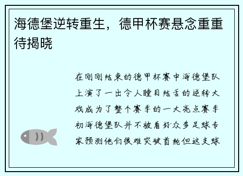 海德堡逆转重生，德甲杯赛悬念重重待揭晓