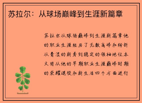 苏拉尔：从球场巅峰到生涯新篇章
