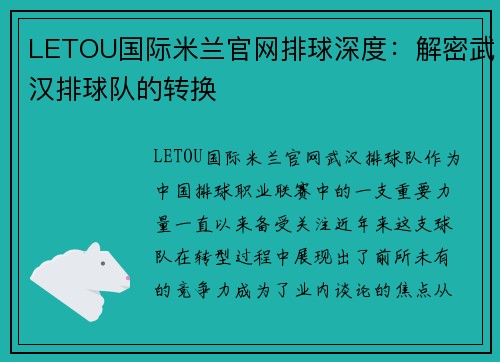 LETOU国际米兰官网排球深度：解密武汉排球队的转换