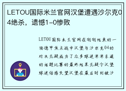 LETOU国际米兰官网汉堡遭遇沙尔克04绝杀，遗憾1-0惨败